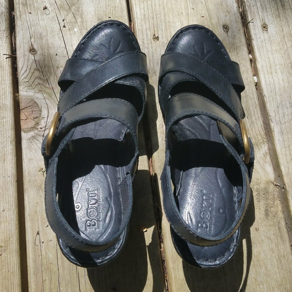 Børn black leather wedge sandals